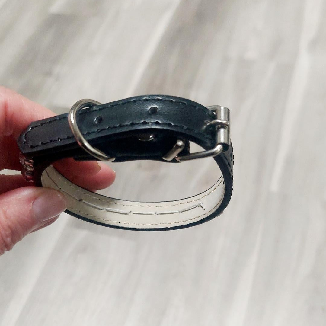 Dog Collar Small 7" to 11" - Black Leatherette Diamond Collar