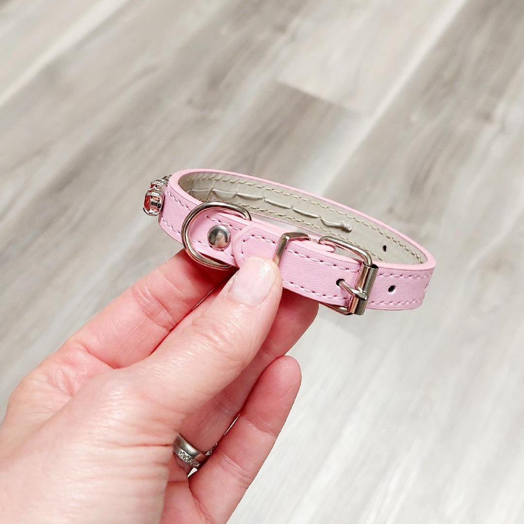 Dog Collar Small 7" to 11" - Pink Leatherette Diamond Collar