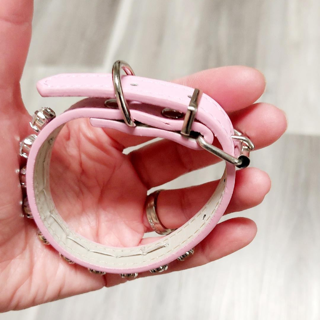 Dog Collar Small 7" to 11" - Pink Leatherette Diamond Collar