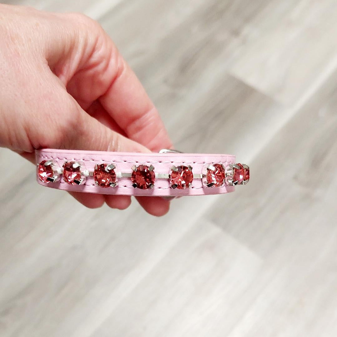 Dog Collar Small 7" to 11" - Pink Leatherette Diamond Collar