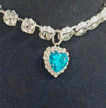 Pet Necklace Diamond Crystal Aquamarine Heart