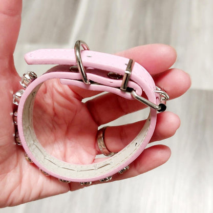 Dog Collar Small 7" to 11" - Pink Leatherette Diamond Collar