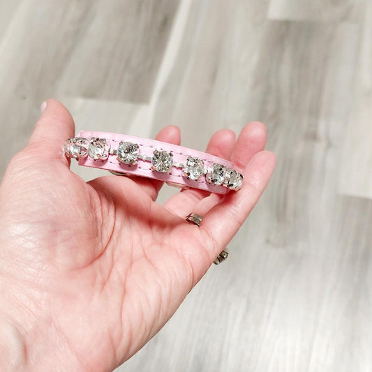 Dog Collar Small 7" to 11" - Pink Leatherette Diamond Collar